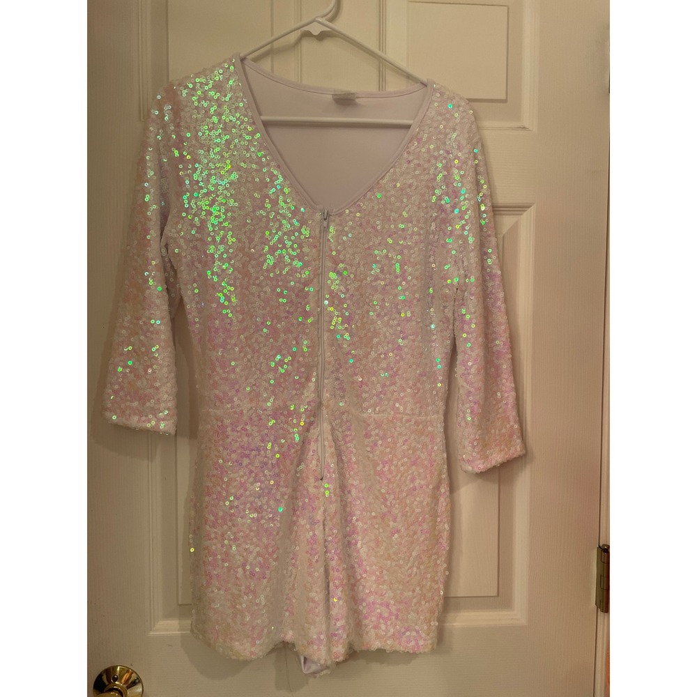 Spirit Halloween 70s White Iridescent Sequin Romper Long‎ Sleeve Front Zip Large